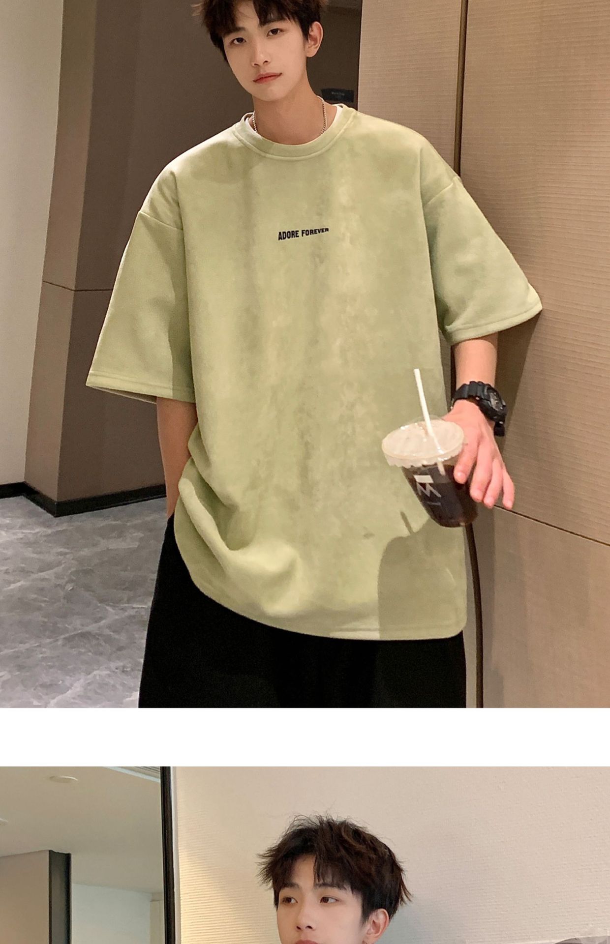 Avocado Green 320g heavyweight T-shirt for men, American retro suede short-sleeved, oversized small collar, three-quarter sleeve pic 9