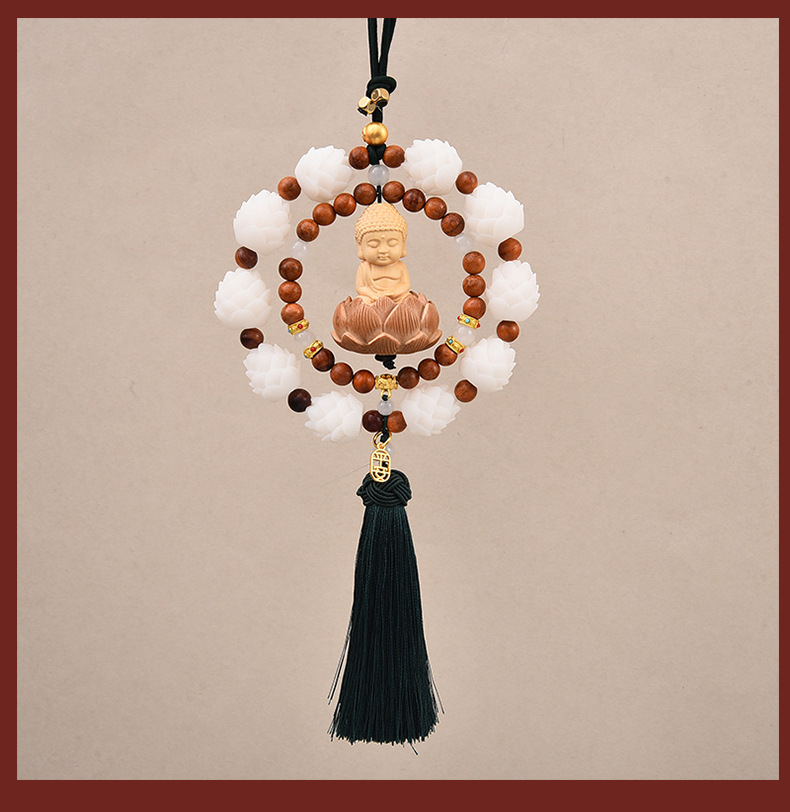 The new Lotus car pendant features a woven double-loop creative little Buddha for peace, a car rearview mirror pendant made of boxwood with a national trend pic 5
