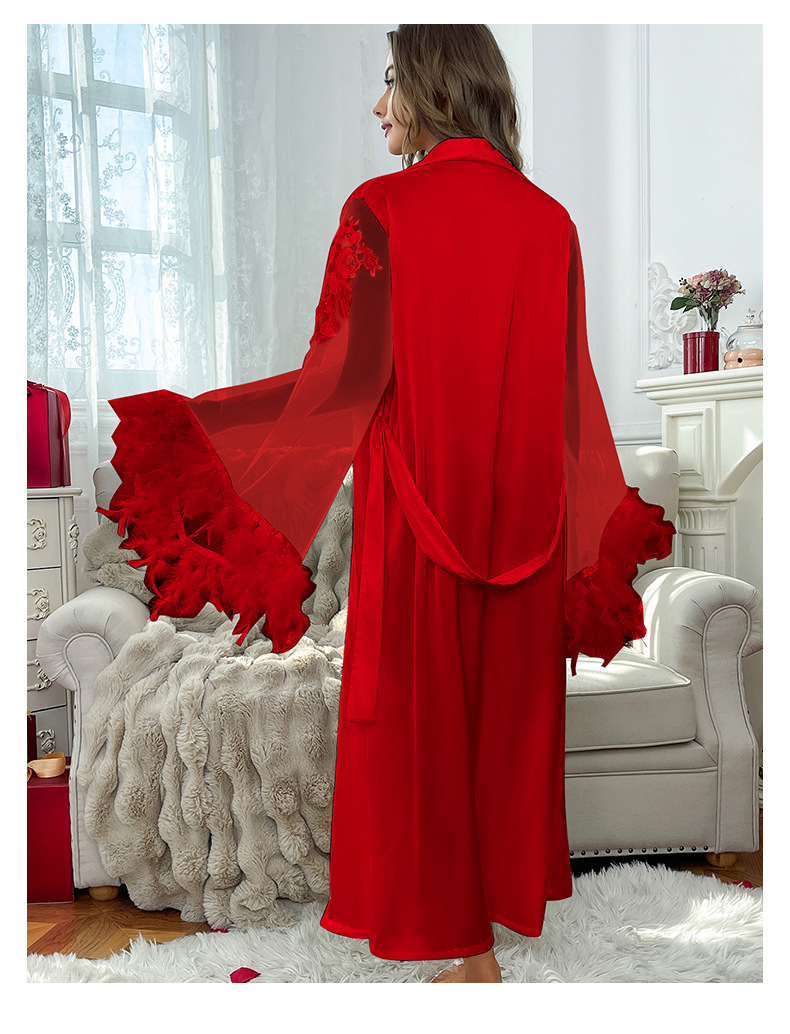 Feiyun brand elegant lace-trimmed long-sleeved bathrobe, comfortable silk fabric home wear 847 pic 11