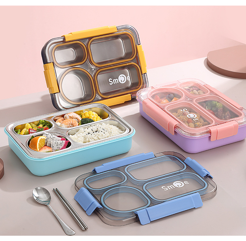 Simple Japanese-style four-compartment lunch box with bowl, 304 stainless steel sealed lunch box, portable lunch box for students and office workers, with spoons and chopsticks pic 14