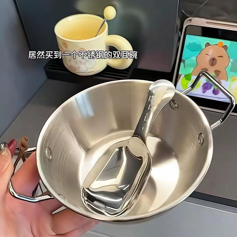 韩式不锈钢双耳燕麦碗大头勺套装 简约美观牛奶沙拉早餐碗 罐勺碗碟盘一应俱全详情2