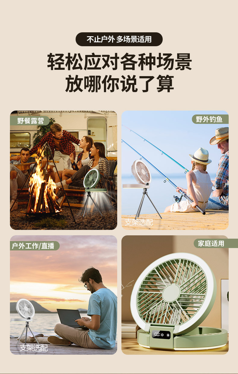 新款家用台扇宿舍露营数显超薄迷你风扇折叠式小夜灯支架风扇M141详情6
