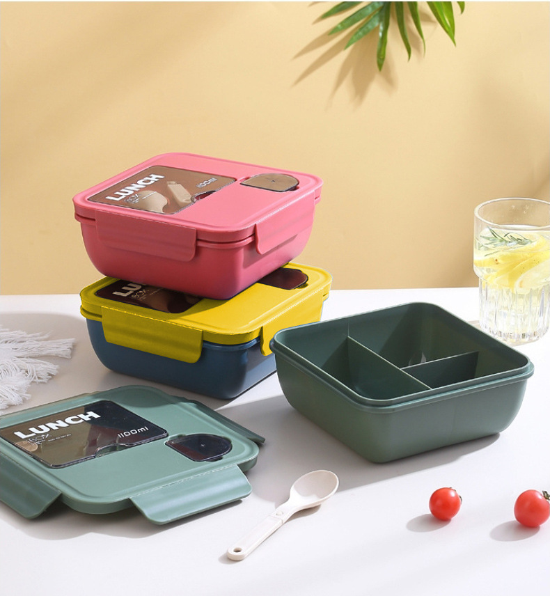 塑料饭盒微波炉学生分格便当盒带餐具酱料盒密封午餐盒方形详情17