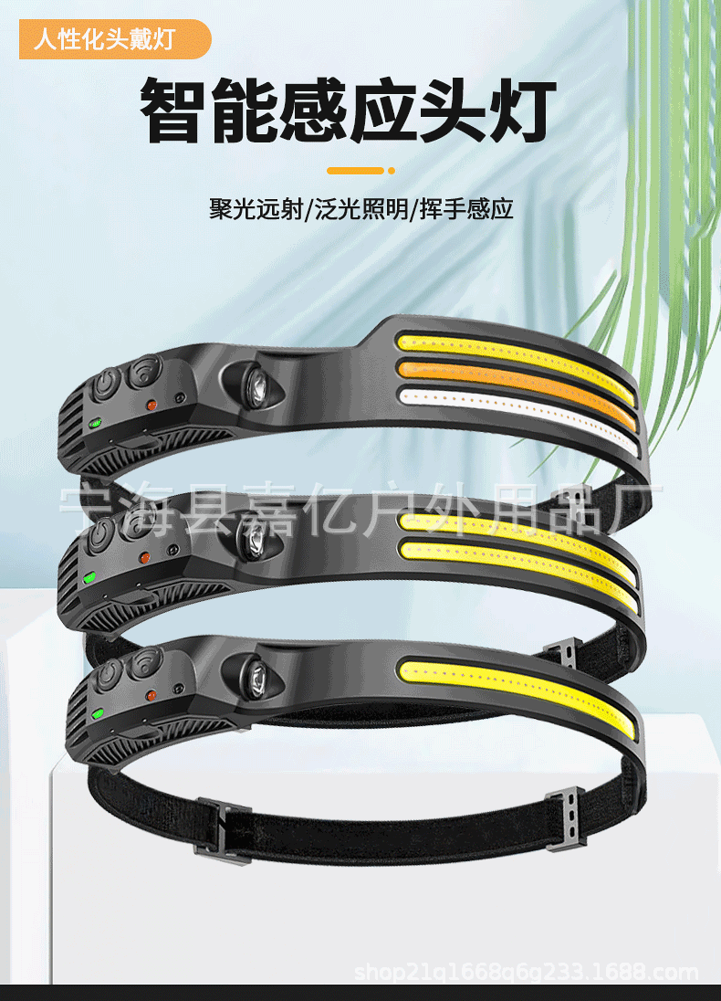 跨境感应头灯COB便携轻硅胶头灯LED双光源跑步头戴式强光手电筒详情1