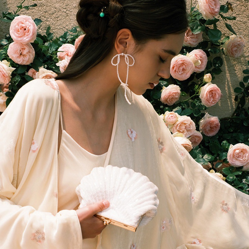 秋冬新手工编织款珍珠蝴蝶结耳钉女s925银针气质小众设计流苏耳环详情7