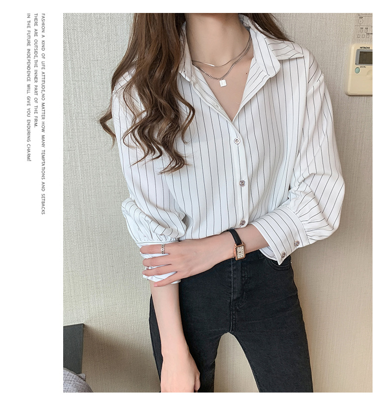This vertical striped chiffon shirt for women with three-quarter sleeves is a new autumn collection. It features a unique and mature design with a sense of elegance and drape pic 18