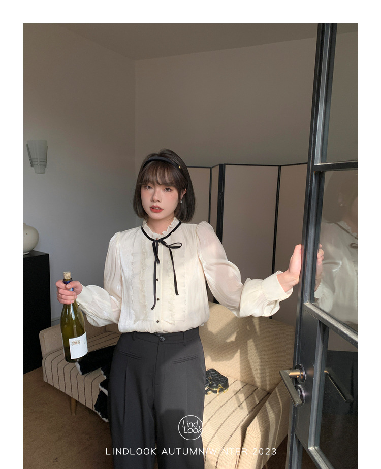 李潇洒微胖大码米色蕾丝花边领雪纺衬衫女春法式长袖内搭衬衣上衣详情2