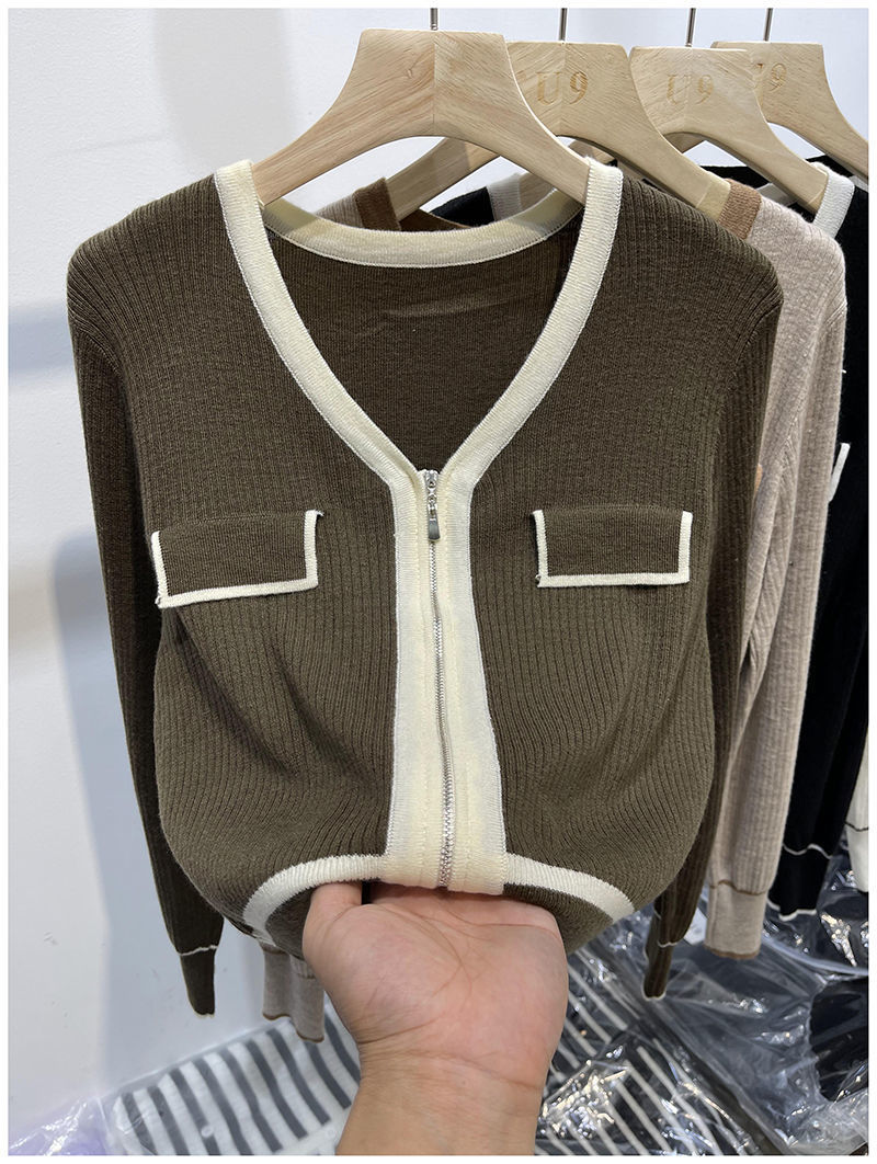 A 200-pound large-sized chanel-style knitted cardigan for early autumn, a V-neck double zipper loose, waist-cinching and slimming base layer for women pic 22