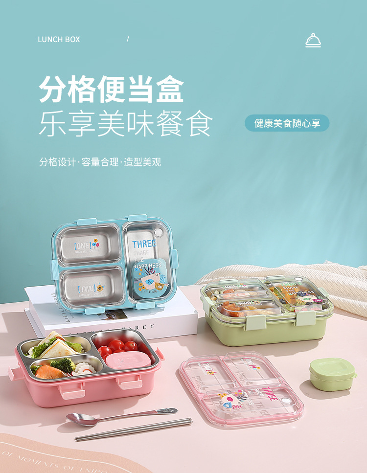 Estudiante con dip box nuevo plato de acero inoxidable comida ligera caja de bento sellada split box lunch cuadrado lunch box plástico pic 2