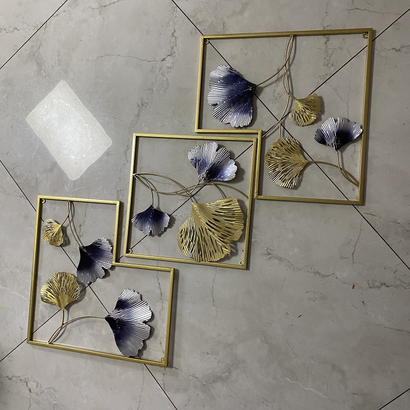 现代简约铁艺金属墙面挂画立体三联组合壁挂跨境热销装饰品银杏叶详情6