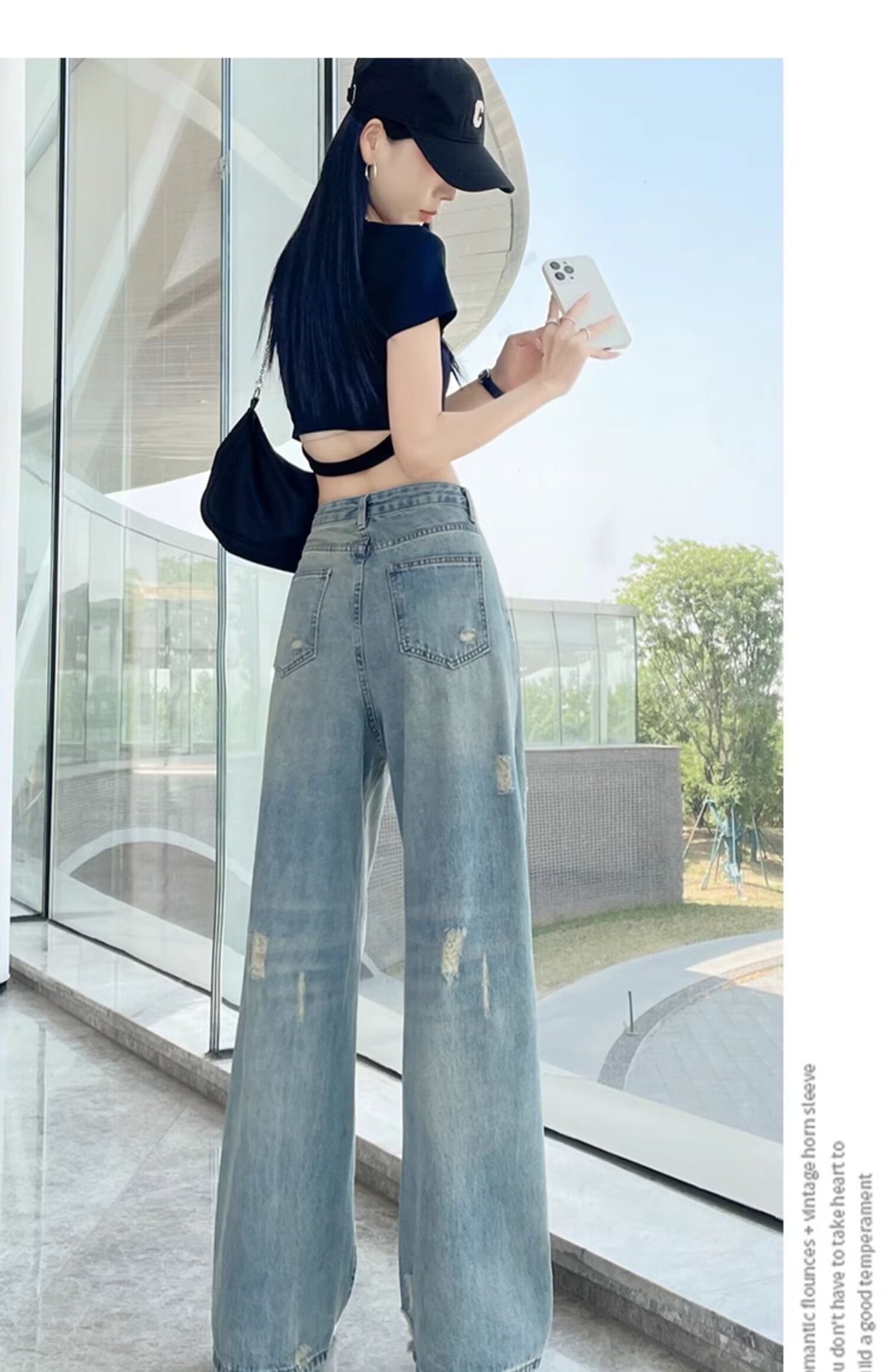 大码复古水洗磨白牛仔裤女春秋新款高腰胖mm宽松显瘦阔腿拖地裤子详情27