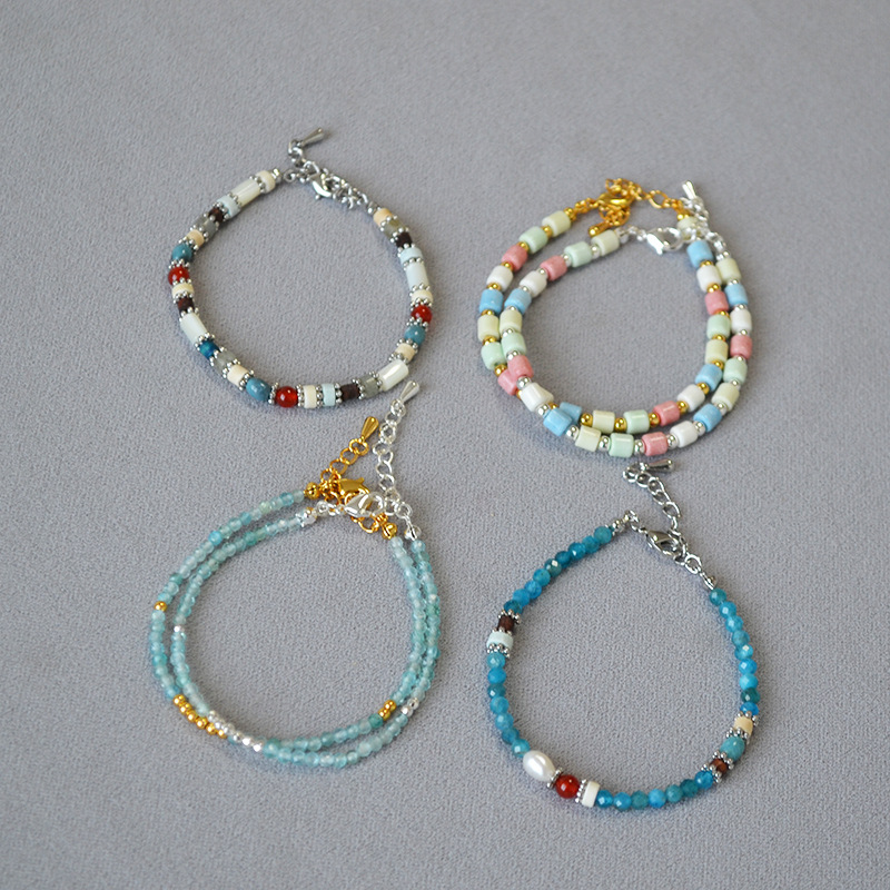 法式小众设计文艺复古时尚简约彩色真石串珠叠带个性气质细手链女详情5