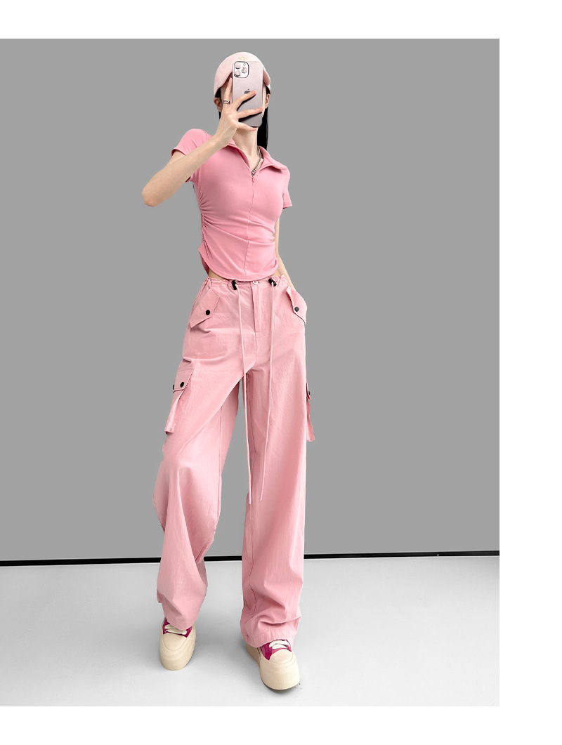 美式复古粉色高腰直筒工装裤女2023夏季辣妹新款休闲高街薄款裤子详情28