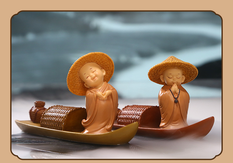 创意卡通小和尚线香摆件桌面办公装饰摆件中式渡船设计树脂工艺品详情5