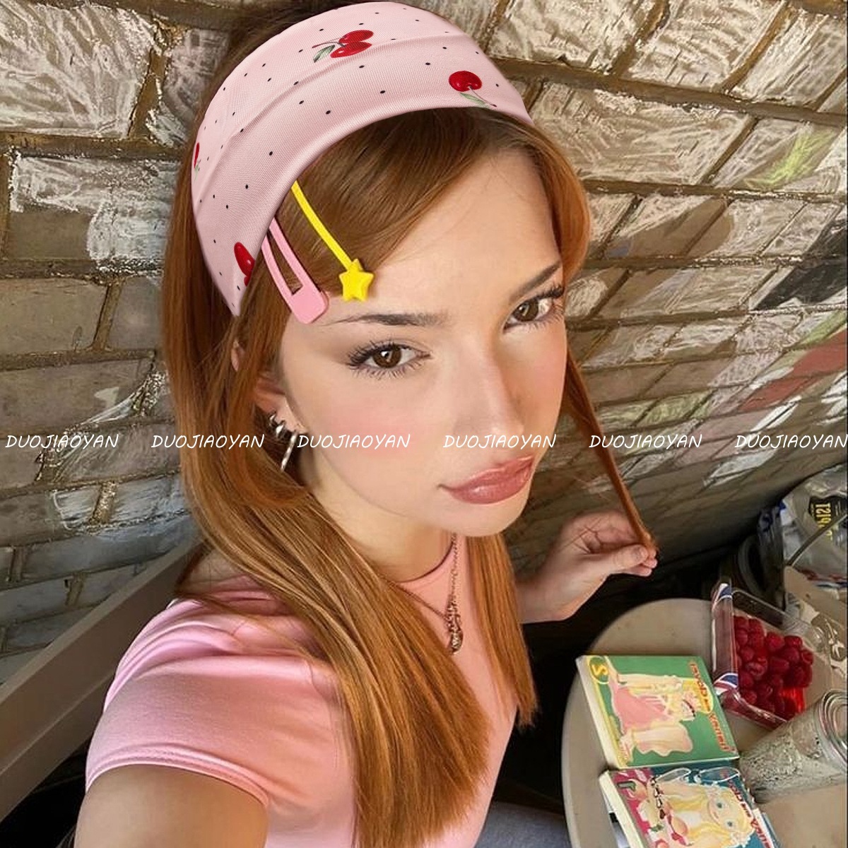 The new cherry-printed hair band from Europe and America is fashionable, sweet and cool. It features a fruit-patterned hair accessory with wide edges and a flat elastic band for women pic 4