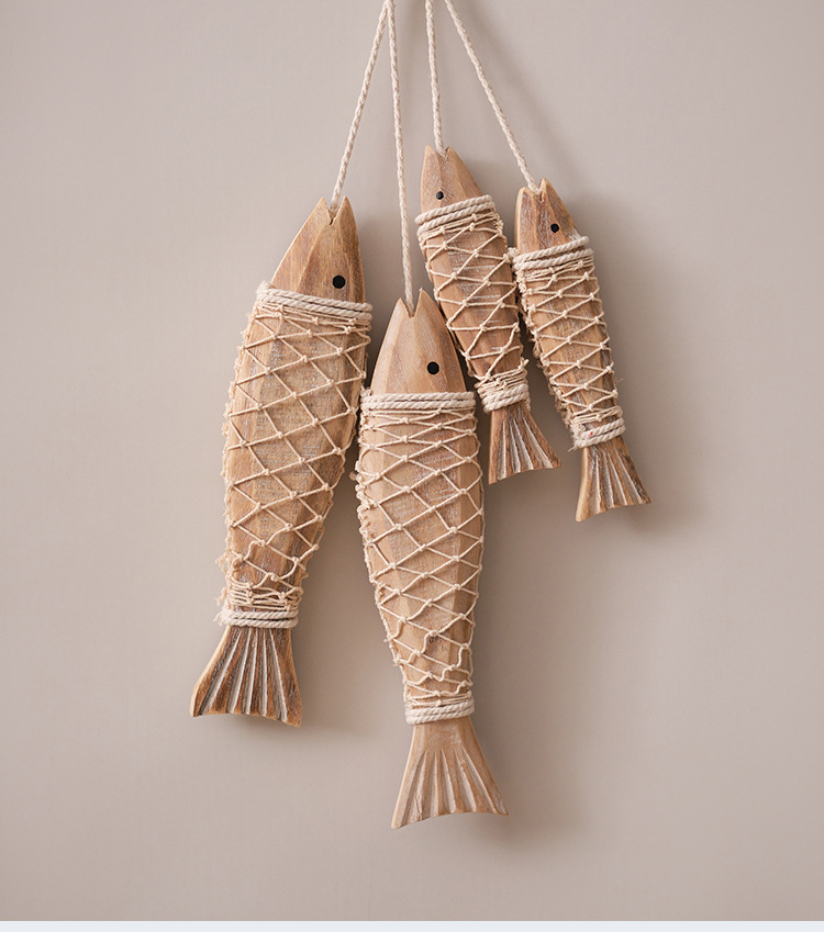 地中海创意复古做旧壁挂饰品乡村年年有鱼木质仿古雕刻小鱼串大号详情8