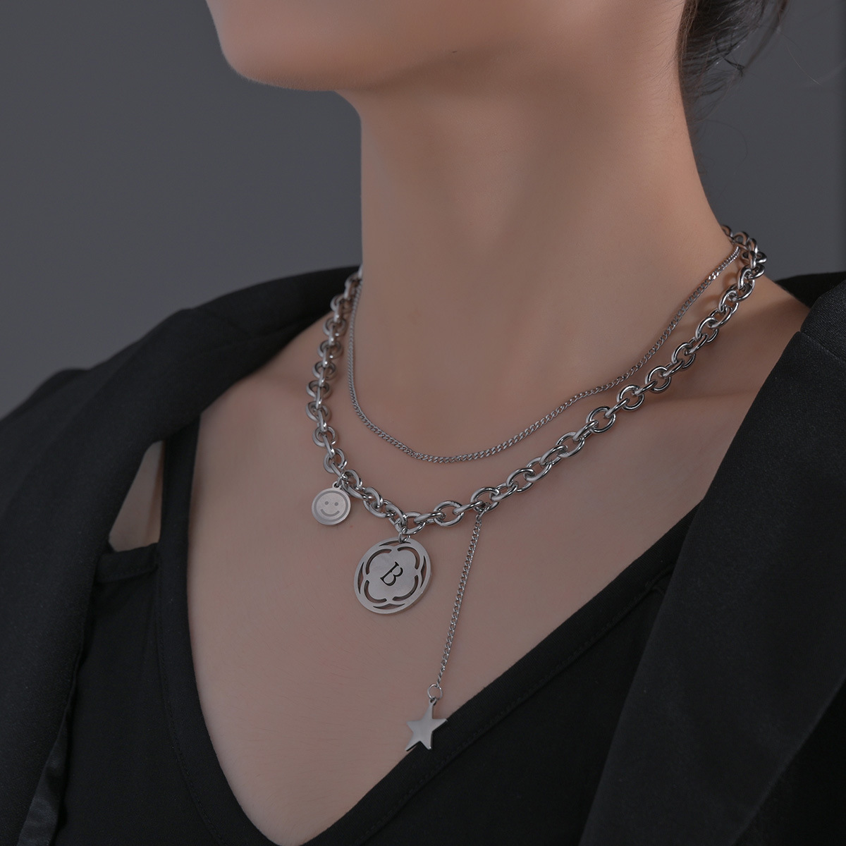 Cross-border supply titanium steel B-shaped double-layer necklace, couple necklace, NK chain punk hiphop stainless steel necklace pic 5