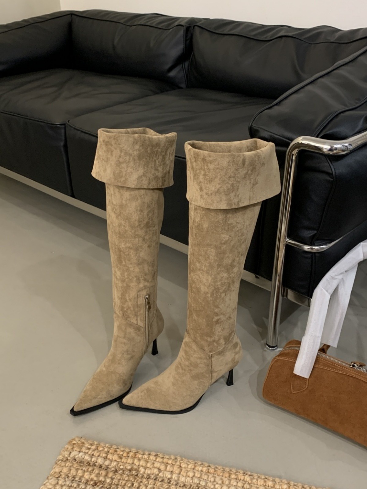 法式一靴多穿高细跟尖头堆堆过膝靴女春秋款侧拉链复古瘦瘦过膝靴详情4