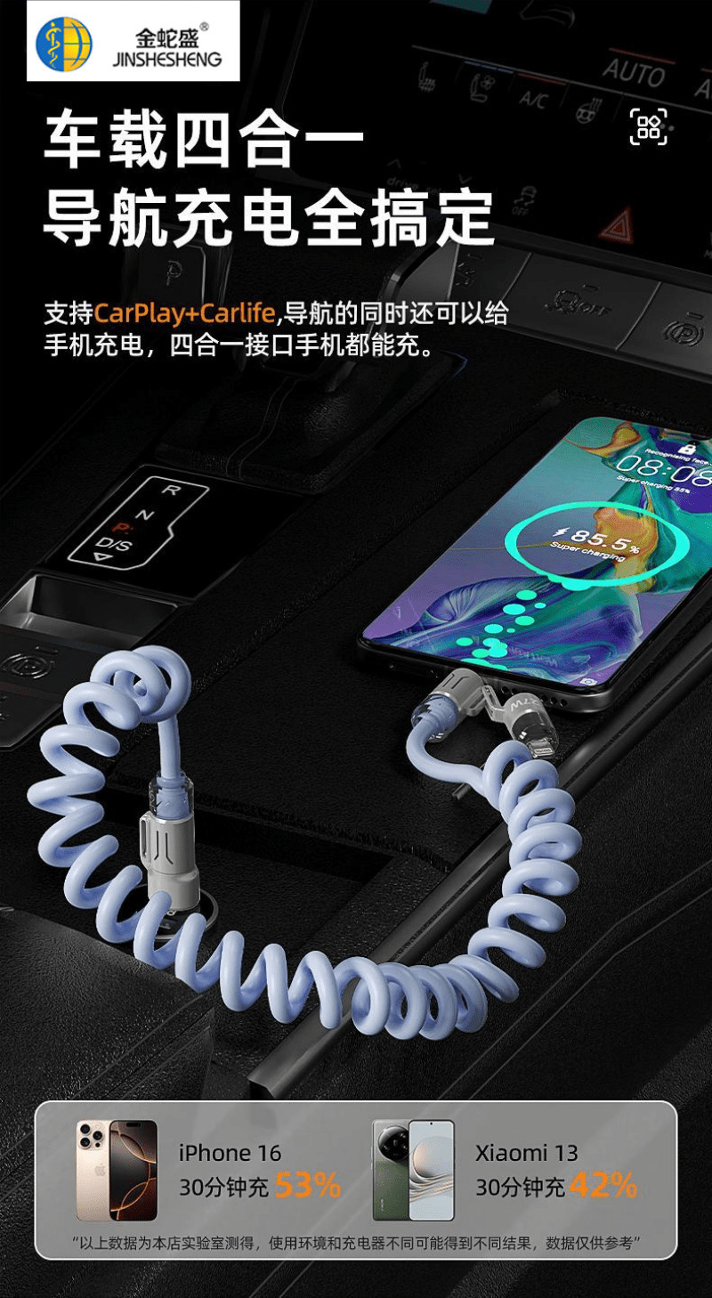 跨境新款240w四合一弹簧快充线2米长车载香薰数据线苹果安卓适用详情7