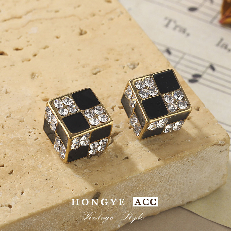 方形立体耳钉黑白棋盘格耳环气质925女高级感轻奢风小众设计耳饰详情12