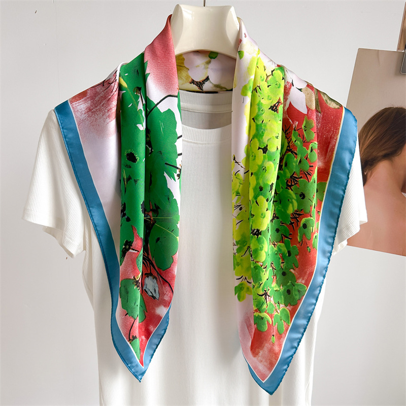 National trend peony flower small silk scarf, spring and summer satin versatile scarf, thin sun-protective headscarf, 70cm faux silk square scarf pic 13