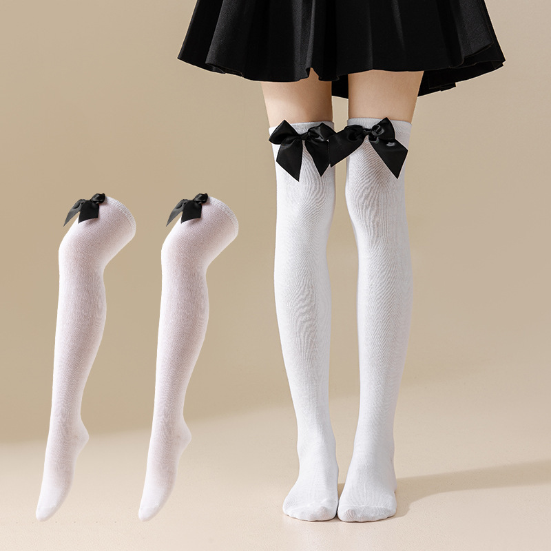 New European and American Halloween and Christmas knee-high socks, single-color striped thigh-high socks with bows, available in multiple colors pic 6