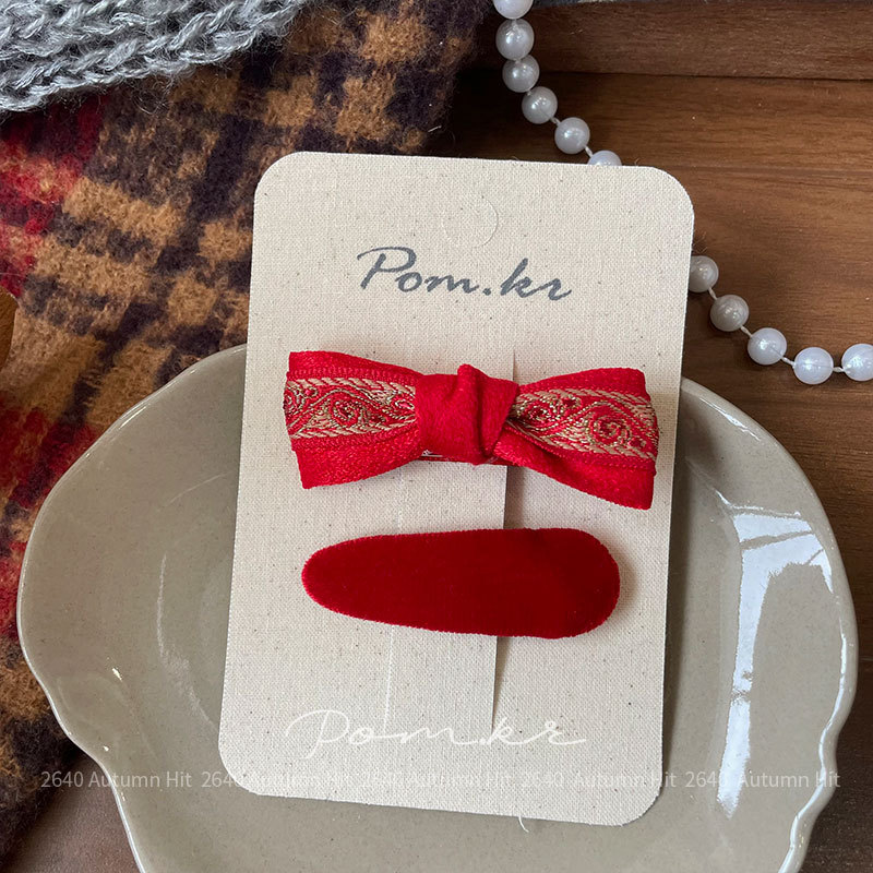 新款韩版秋冬红色系蝴蝶结布艺发夹儿童手工侧边碎发刘海夹发饰女Pom.kr 红色绒面发夹套装 福字糖果蝴蝶结 喜庆可爱新年详情6