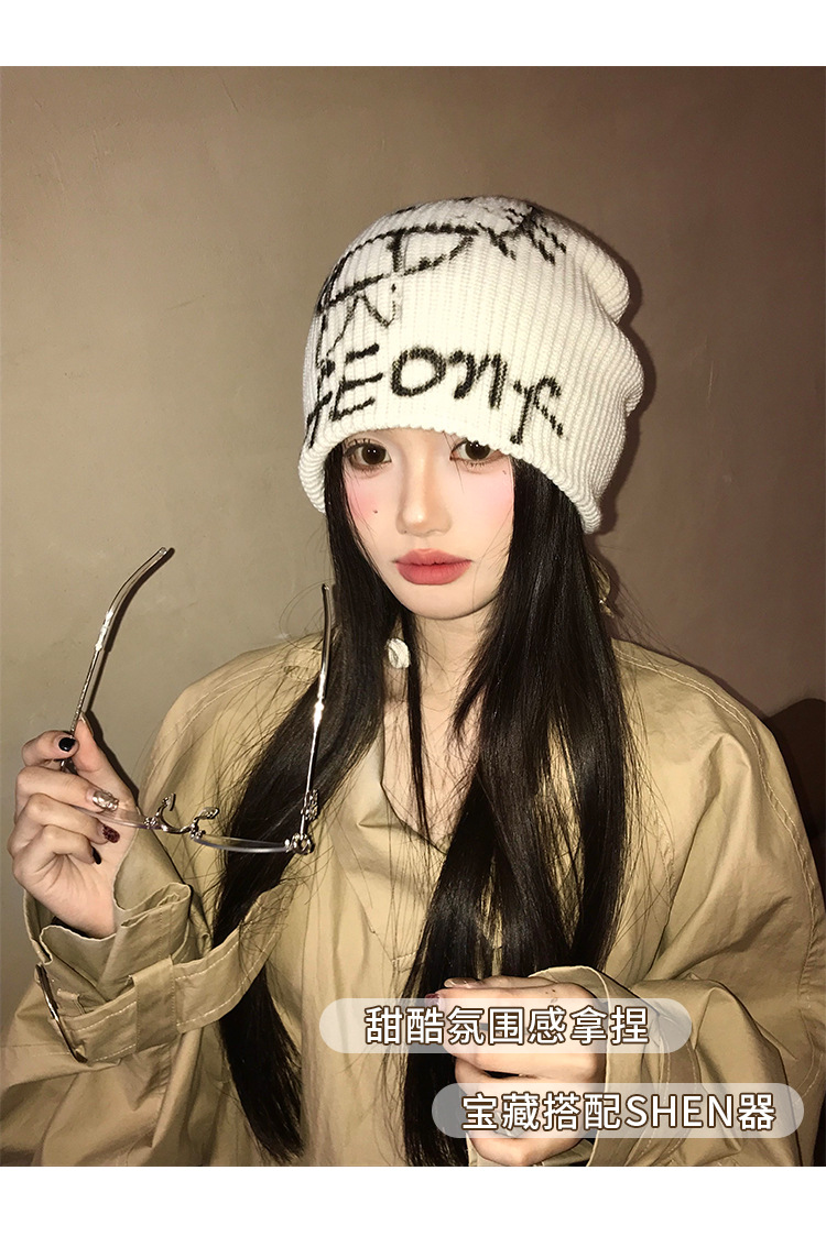 American hot girl kitty cat graffiti cold hat for women, warm knitted woolen hat for autumn and winter, face-showing small headscarf hat pic 6