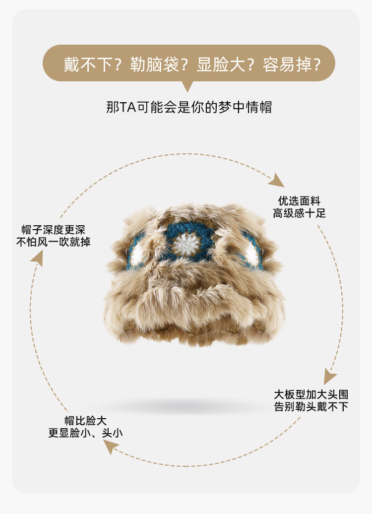 兔毛醒狮帽子女秋冬可爱保暖毛绒渔夫帽百搭显脸小水桶毛茸茸盆帽详情10