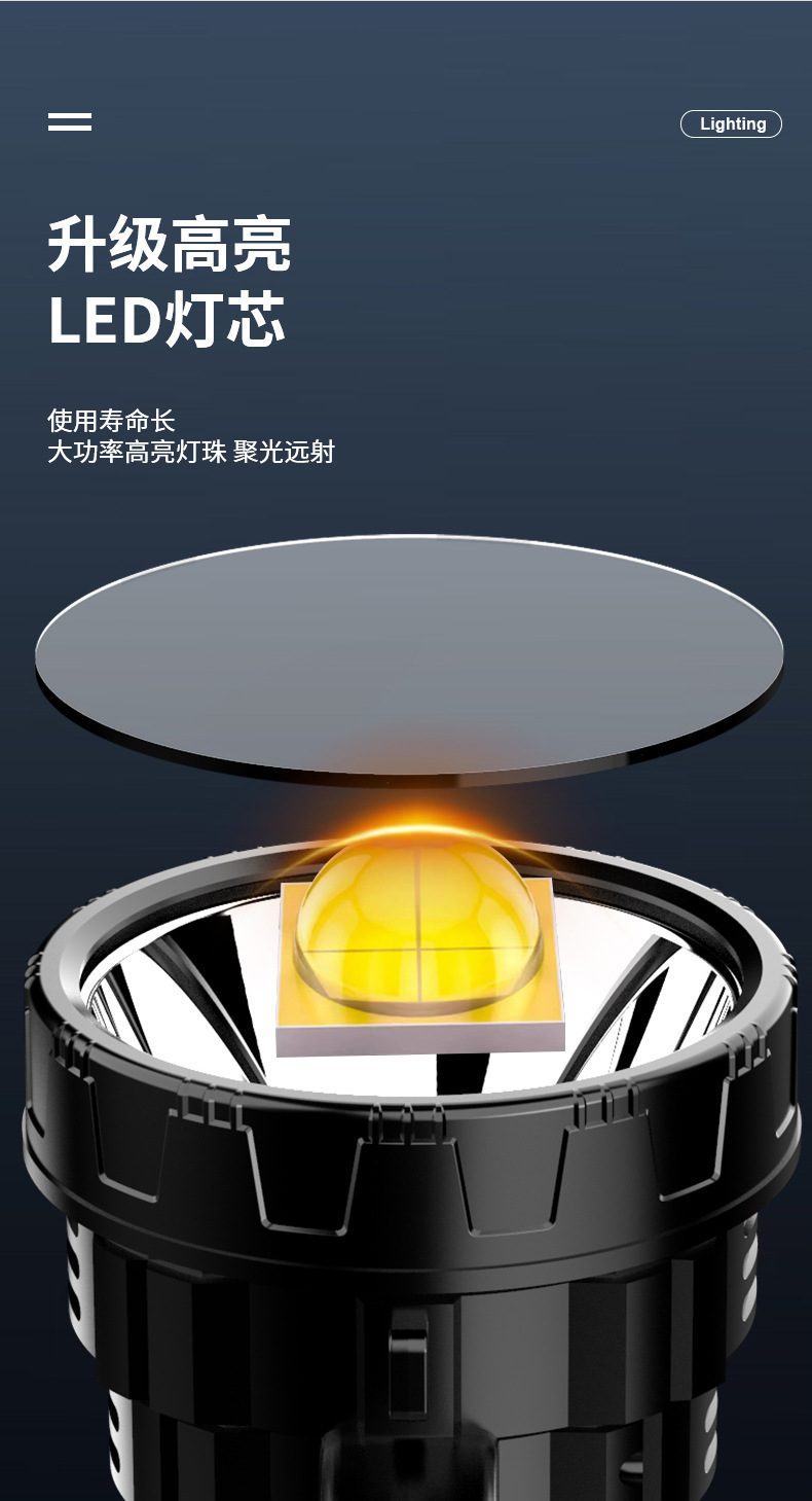 强光手提灯液晶数字电显大泛光手电筒太阳能户外应急铝合金探照灯详情3