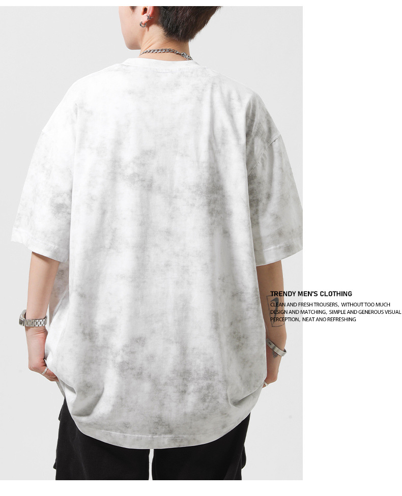 Short-sleeved T-shirt for men, a summer American retro washed distressed design, a niche top with a thin tie-dyed base layer pic 18