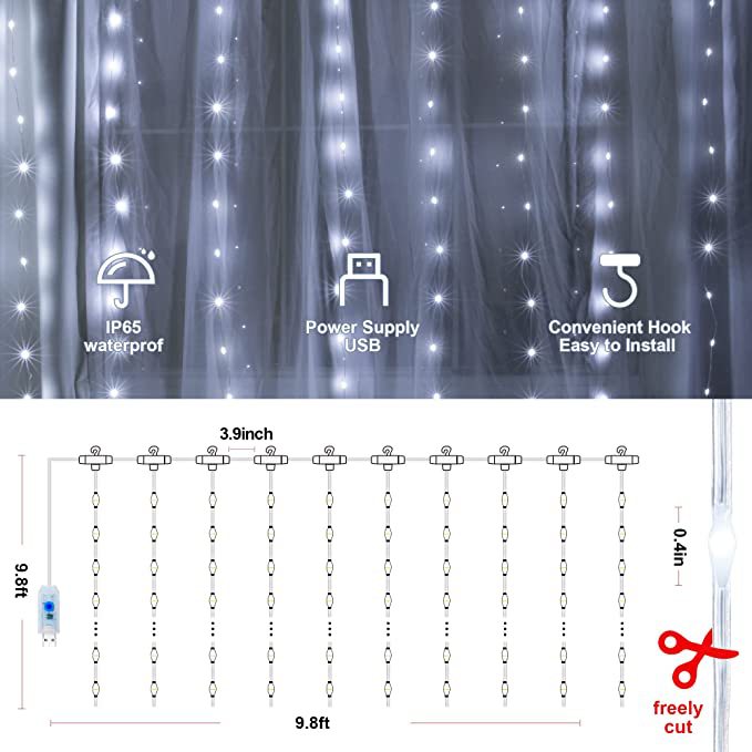 跨境3*3米300灯皮线灯窗帘灯usb遥控室内户外防水铜线灯窗帘灯串详情13