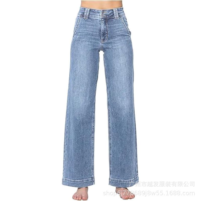 欧美跨境外贸新款亚马逊2025春季新款蓝色水洗直筒气质牛仔裤女装详情22