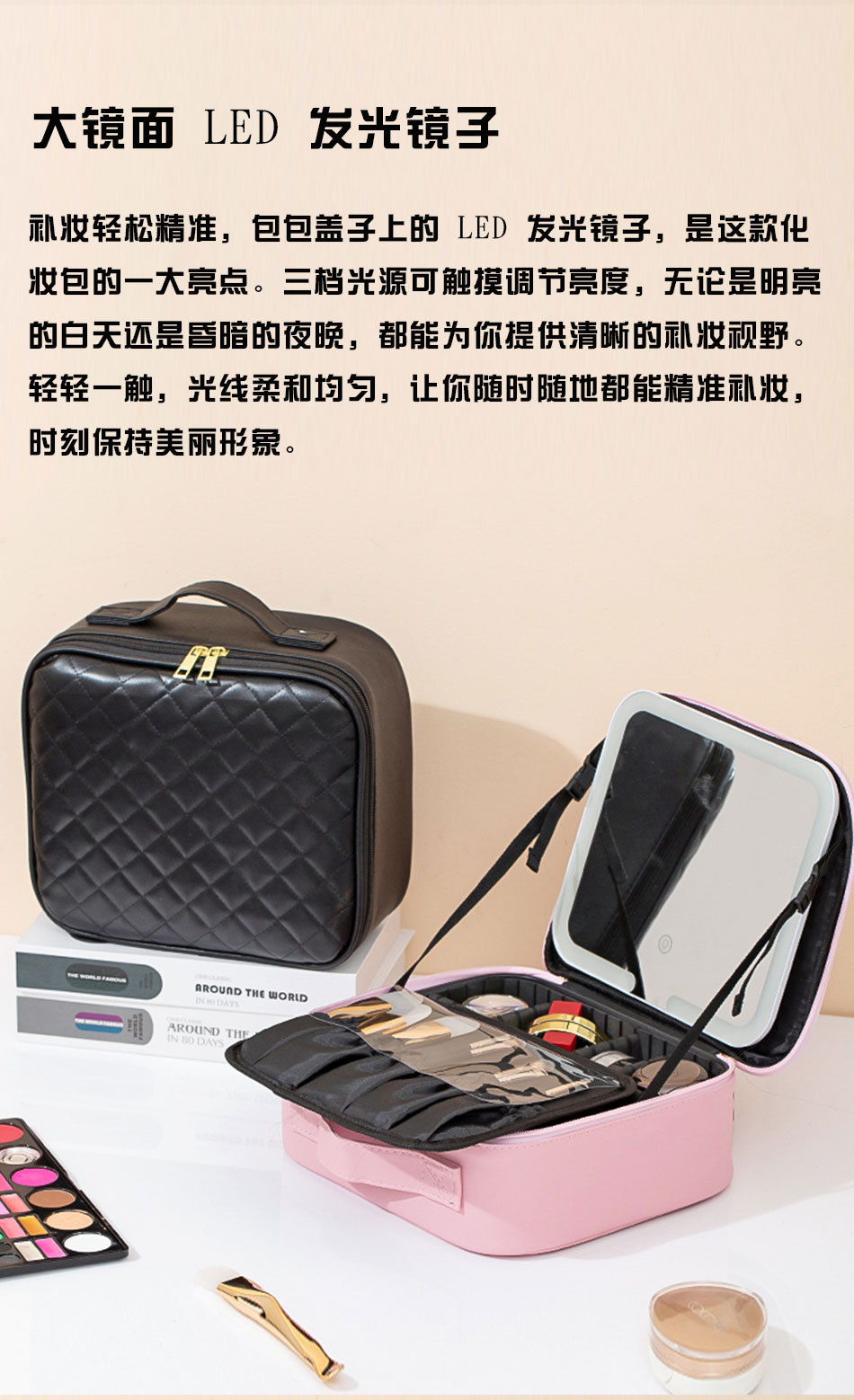 带LED灯镜子化妆包多功能2026新款便携手提大容量专业跟妆包跨境详情11