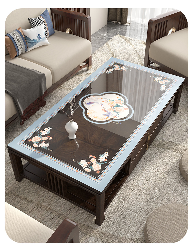 国潮新中式茶几垫古典中国风茶几桌布防水防油免洗pvc半透实木餐桌垫详情25