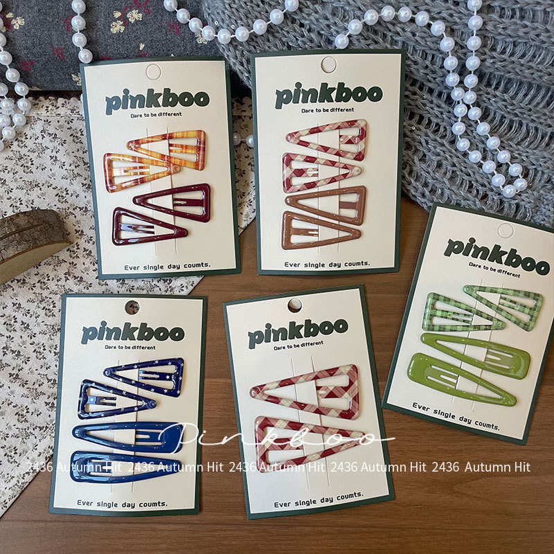 New Korean-style autumn checkered geometric hair clips, handcrafted for children, side cliffside bangs clips, two-piece bye-bye clips for girls, pinkboo multi-color checkered hair clips, simple and fashionable, exquisite daily headwear for girls pic 2