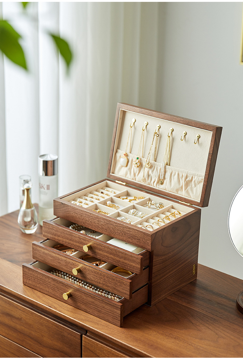 胡桃木首饰盒四层带金色锁扣带柜脚大容量珠宝收纳复古饰品收纳柜详情18