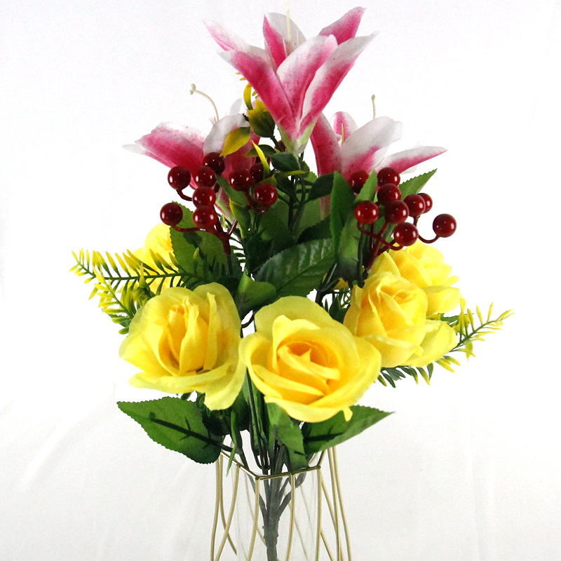 跨境仿真玫瑰花婚庆百合发财果冬青果12头仙桃玫仿真绢花家居花艺详情10