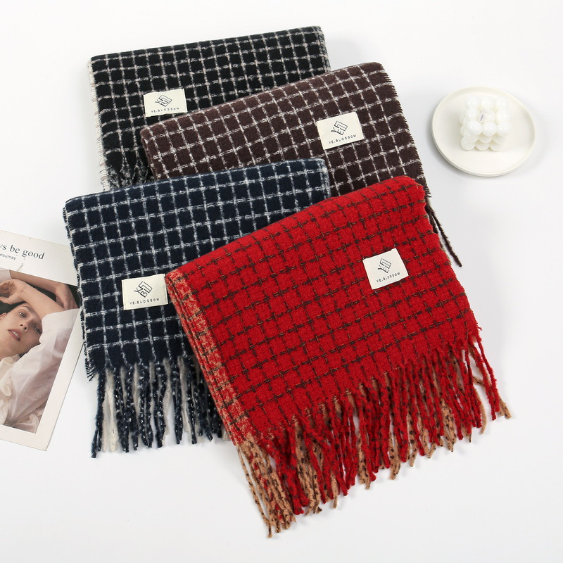 新款直播爆款甜美百搭粉色格子软糯学生格子围巾冬季保暖流苏披肩详情16