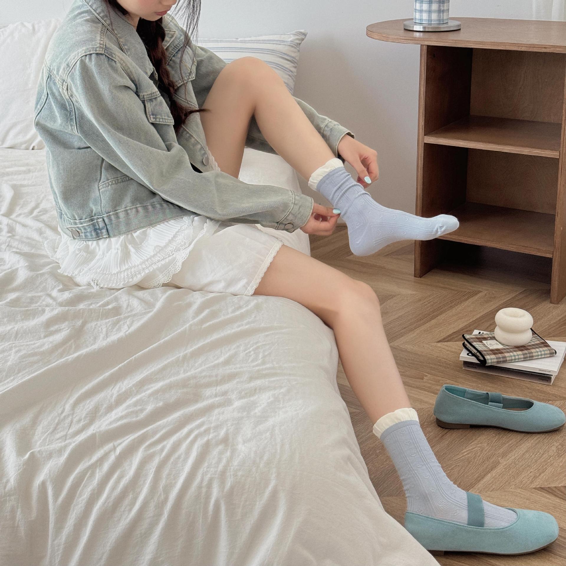 Autumn and winter new straight socks, Japanese-style color-blocking pure cotton lace mid-calf socks, Korean-style MIU-style boneless pile socks for women pic 20