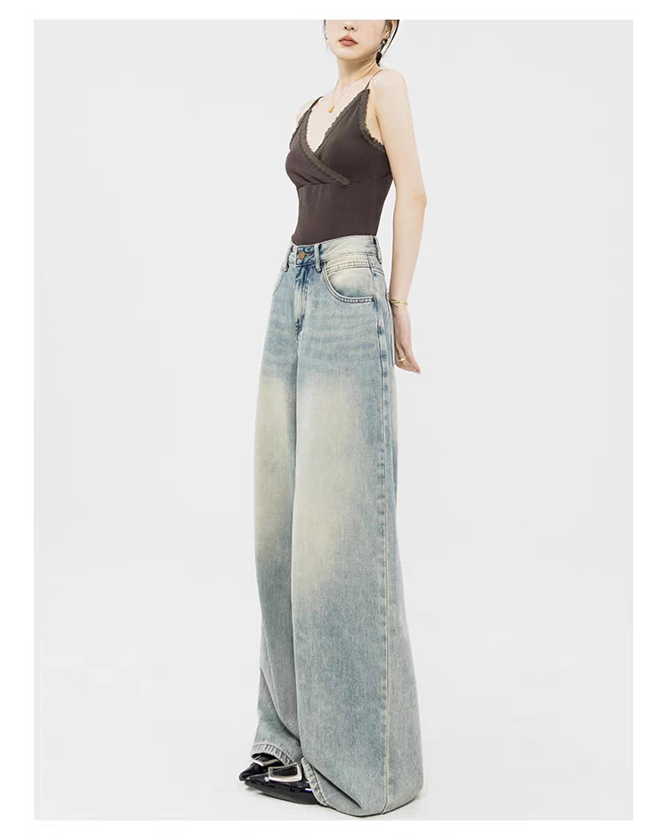 Custom-made retro light-colored straight-leg jeans with a high-waisted, loose design, floor-length wide-leg pants, suitable for all seasons pic 11