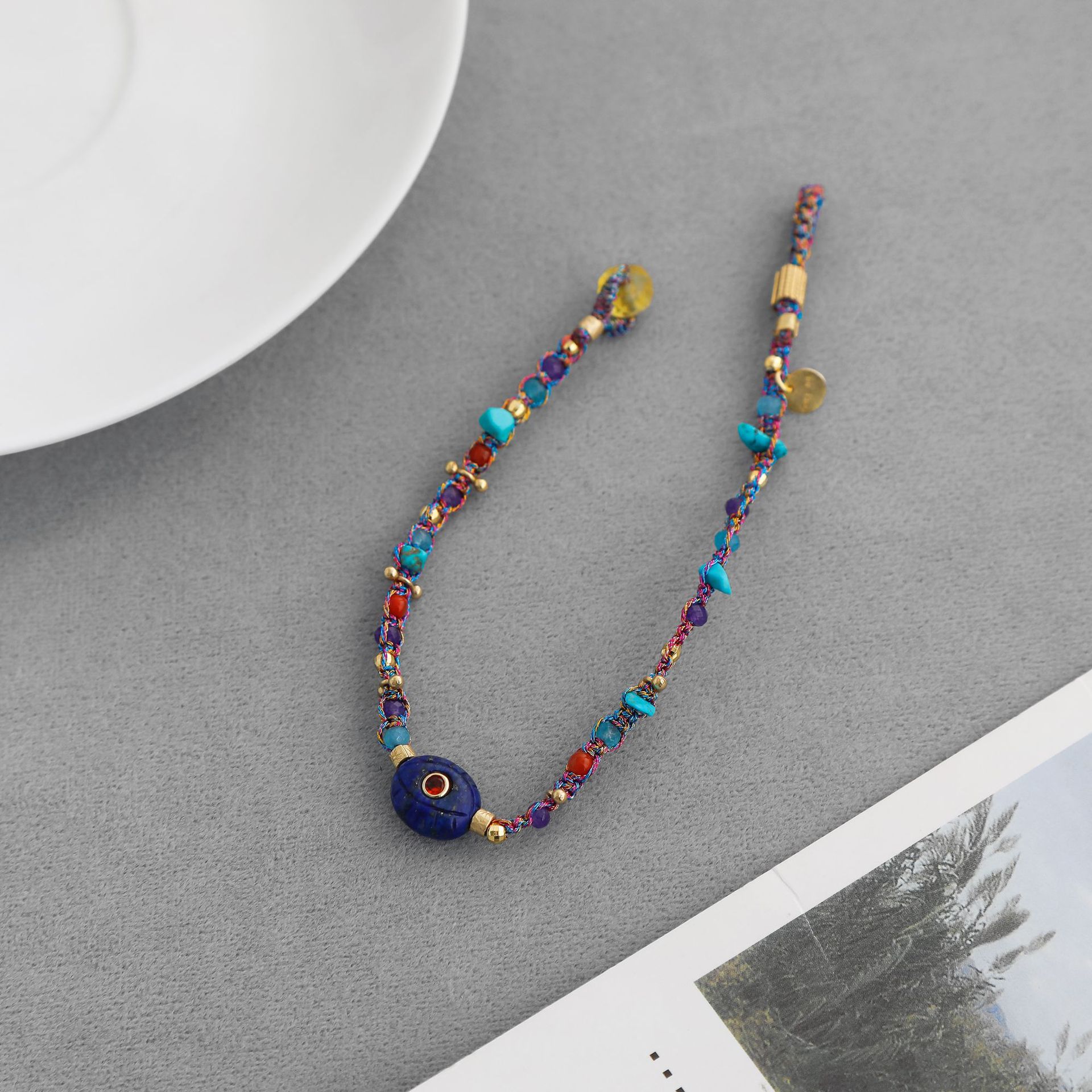 ROOM*家水晶青金石串珠手链 法式复古小众天然石多色串珠编织手链详情7