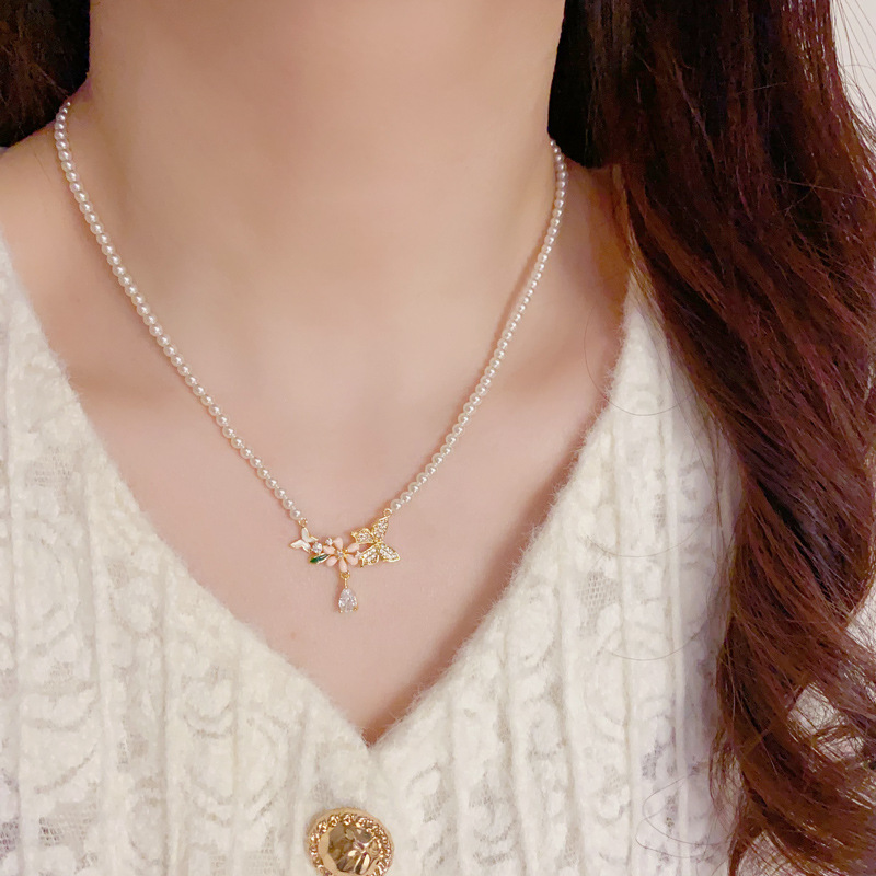 Spring new style, fashionable and sweet zircon butterfly pendant pearl necklace, exquisite and versatile, super fairy necklace pic 9