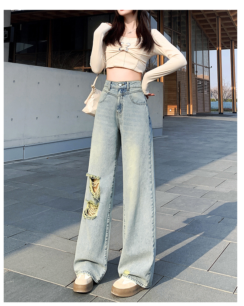 破洞直筒牛仔裤女高腰显瘦2025春季新款小个子复古阔腿宽松长裤子详情21
