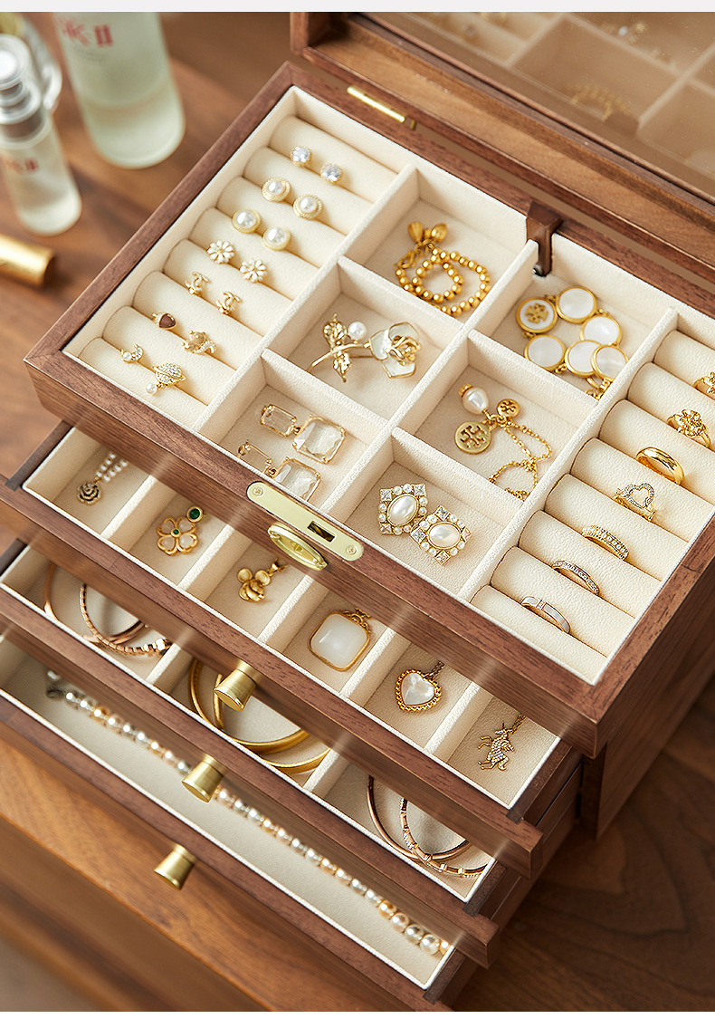 胡桃木首饰盒四层带金色锁扣带柜脚大容量珠宝收纳复古饰品收纳柜详情3