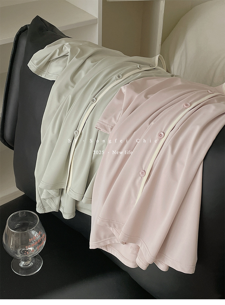 A two-piece set of casual wear for women in the original color ice leather, a summer pajama set with a cool and contrasting color, featuring new short-sleeved shirts and shorts pic 14