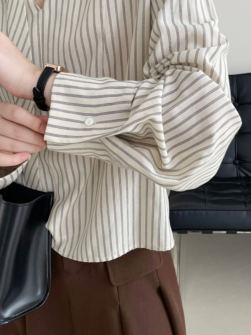 滔川  韩系高级感飘带领条纹衬衫女秋季独特别致时尚长袖上衣2588详情17