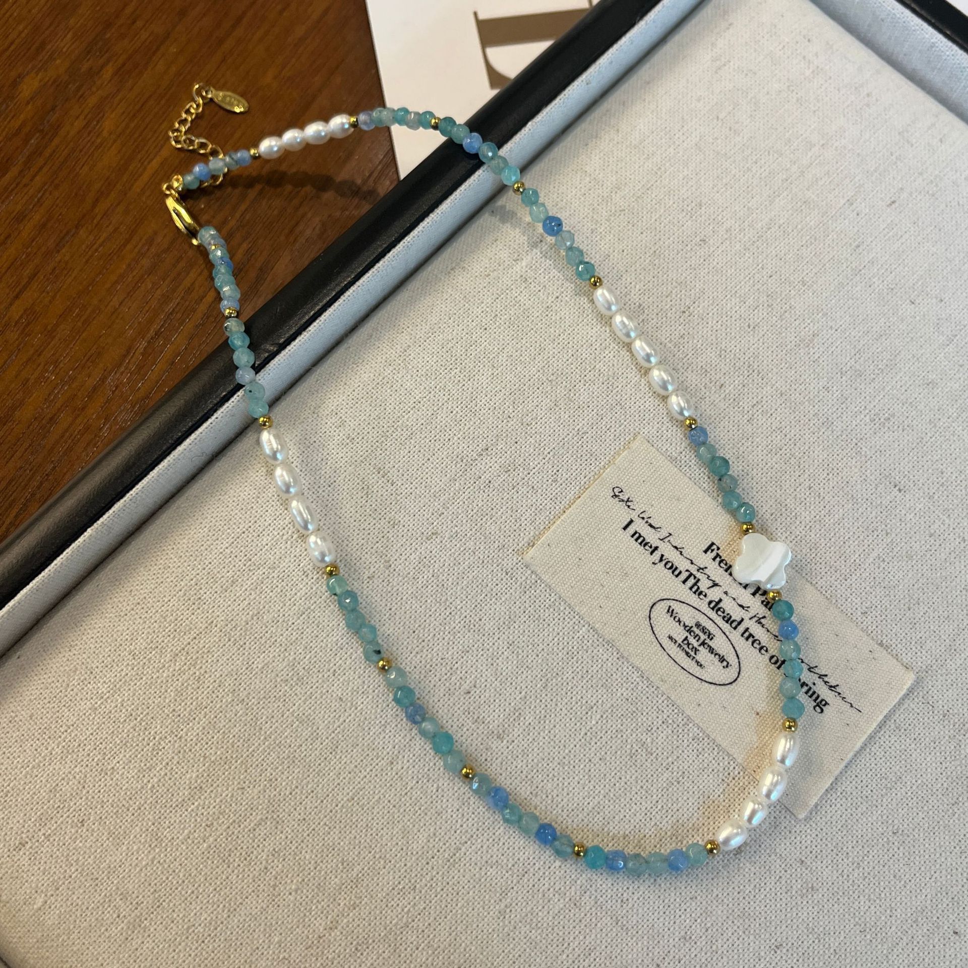 海蓝宝天然石贝母幸运草项链气质淡水珍珠贝壳蓝绿串珠小清新项链详情9