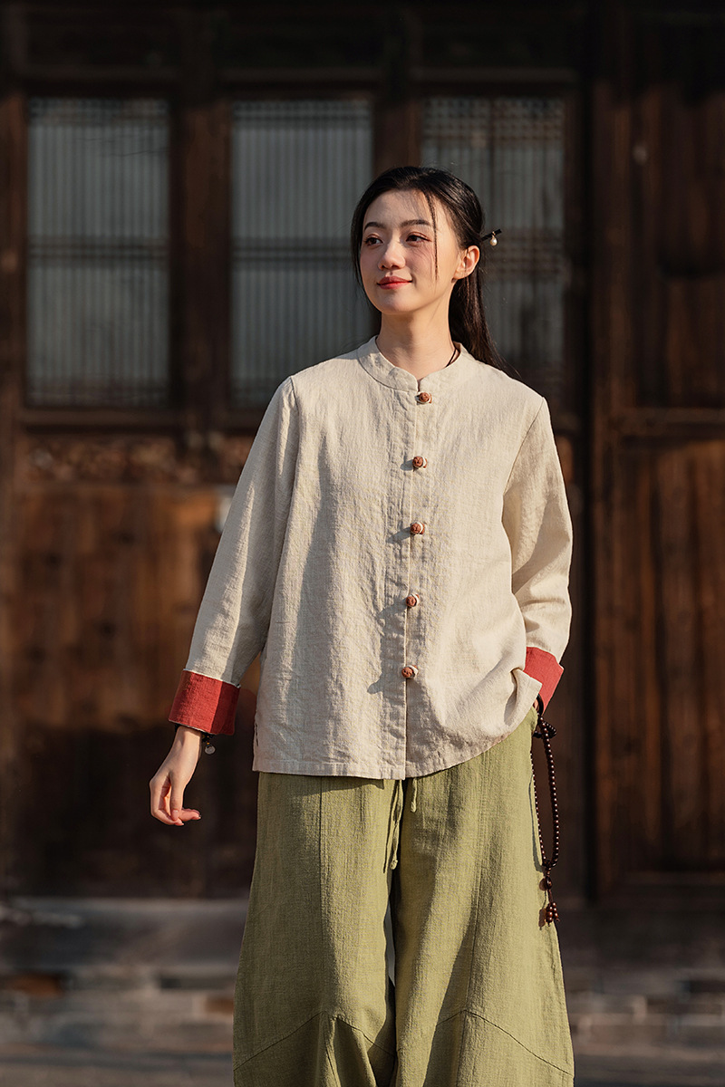 国潮中式棉麻女装拼色盘扣衬衫复古亚麻上衣茶服女禅意中山装国风开衫详情27