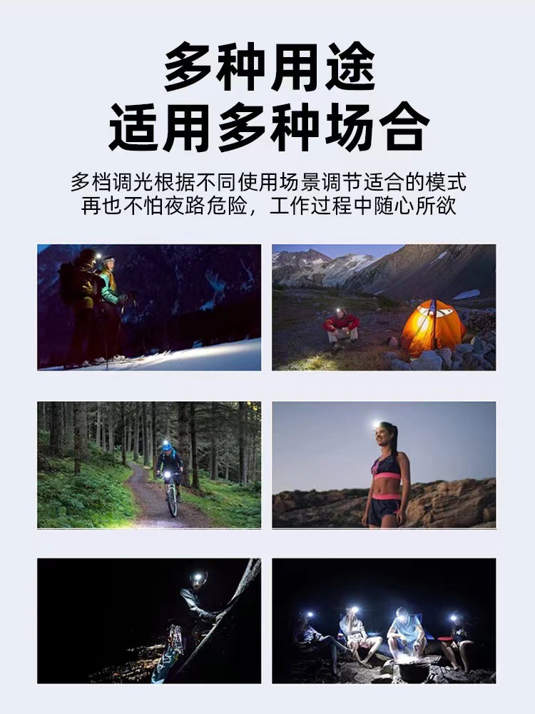 跨境户外运动强光感应头灯充电头戴式骑行夜钓跑步白黄红三光头灯详情7